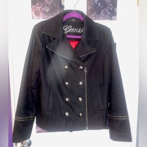 Black Guess military inspired wool double breasted jacket. Size XL.